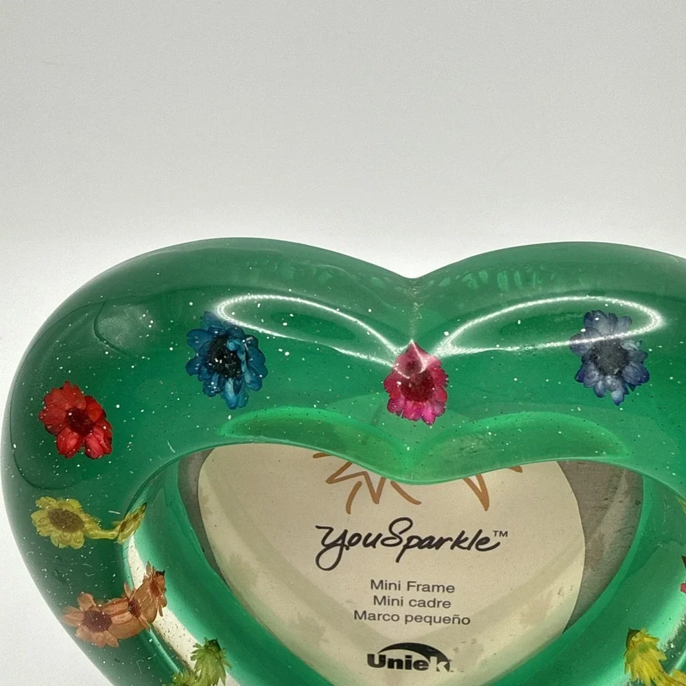 Vtg Uniek Y2K Green Sparkle Heart Frame Floral Accents Glitter Mini Frame